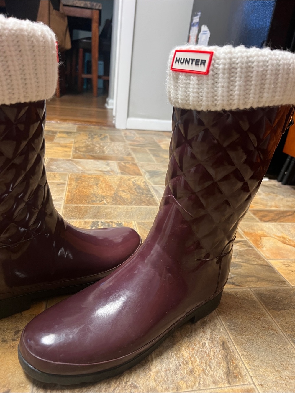 Hunter Women's Quilted Rain Boots with Cream Cuff - Burgundy